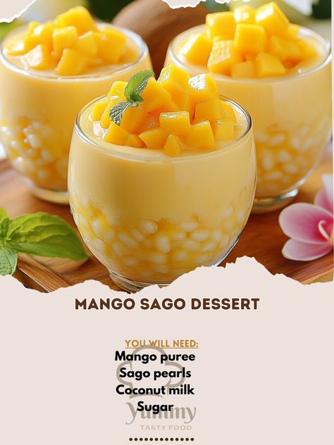 🥭 "Mango Sago Dessert is a refreshing, tropical treat that's creamy, fruity, and perfect for satisfying your sweet cravings!" 🍰🌴 #MangoSago #TropicalDesserts Mango Sago Dessert Ingredients: Mango puree (1 cup) Sago pearls (½ cup) Coconut milk (1 cup) Sugar (¼ cup) Water (2 cups) Instructions: Cook sago pearls in water according to package instructions. Drain and rinse. In a saucepan, heat coconut milk and sugar until dissolved. Mix mango puree with coconut milk mixture. Stir in cooked sag... Mango Sago Dessert, Diwali Desserts, Sago Dessert, Sago Pearls, Mango Sago, Tropical Desserts, Milk And Sugar, Mango Puree, Sweet Cravings