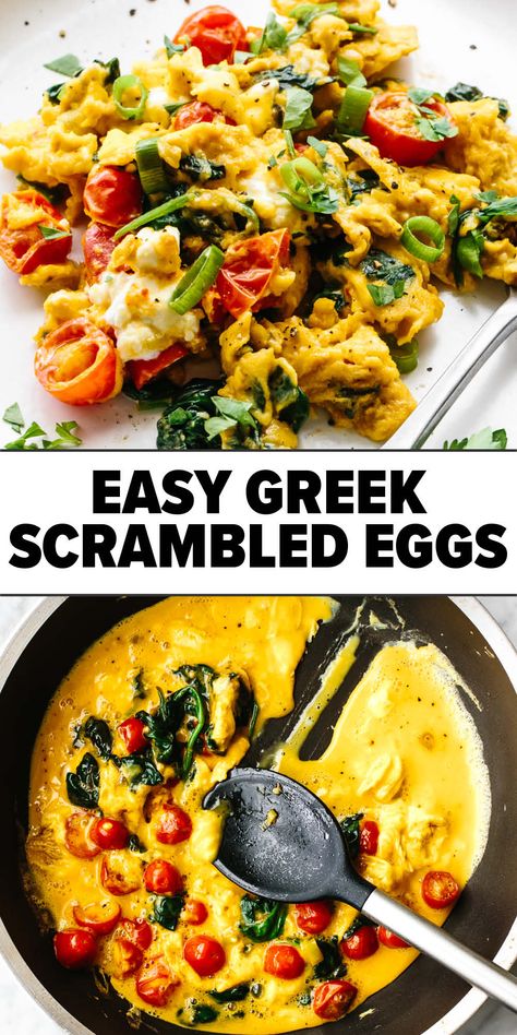 Greek scrambled eggs Low Carb Scrambled Egg Recipes, Quick Healthy Egg Recipes, Low Carb Eggs Breakfast, Mediterranean Scrambled Eggs, Brunch Scrambled Eggs, Loss Weight Meal Breakfast, Mediterranean Oatmeal Breakfast, Greek Scrambled Eggs, Meditarian Diet Recipes Breakfast