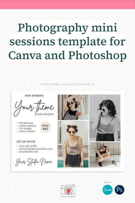 Photography mini sessions template for Canva and Photoshop Mini Sessions Template, Photography Marketing Templates, Mini Session Template, Photography Mini Sessions, Business Colors, Photography Templates, Social Media Images, Photography Marketing, Marketing Template