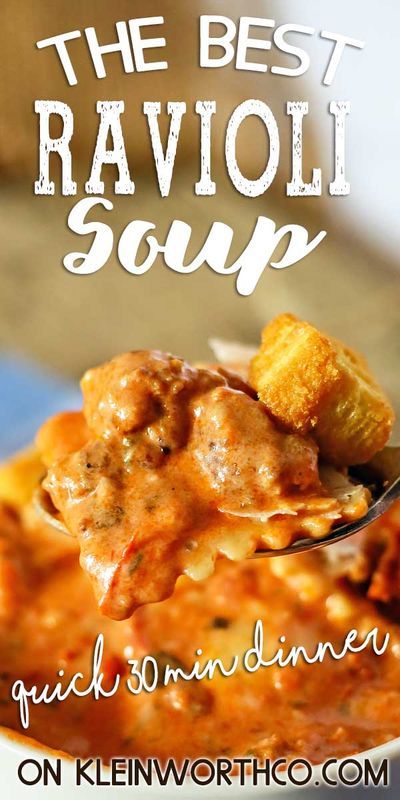 Tuscan Ravioli Soup is a hearty dinner recipe that is easy to make in about 30 minutes. Loaded with beef, sausage, spinach & cheese, this will rival any restaurant around. Delish! Ravioli Vegetable Soup, Crock Pot Ravioli Soup, Frozen Ravioli Soup, Tuscan Ravioli Soup, Ravioli Soup Crockpot, Crockpot Ravioli Soup, Mini Ravioli Soup, Ravioli Soup Recipes, Sausage Ravioli Soup