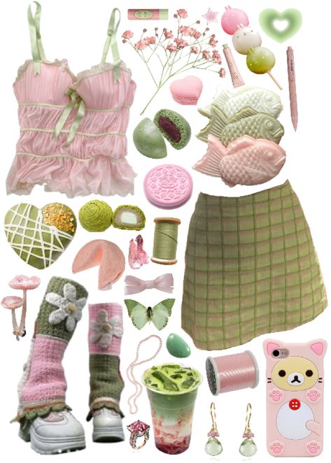 Mitsuri Outfit Ideas, Fairycore Outfit Pink, Fluttershy Outfit Ideas, Pink Fairycore Outfits, Pink And Green Aesthetic Outfits, Pink And Green Outfit Aesthetic, Mitsuri Outfit, Pink And Green Clothes, Soft Fairycore Outfits