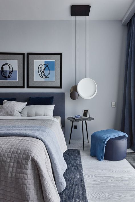 Blue And Grey Bedroom Decor, Blue Bedroom Interior Design, Bedroom Color Inspirations, Bedroom Wall Design Ideas, Blue Bedroom Interior, Blue Room Ideas, Gray Bedroom Decor, Modern Bedroom Colors, Blue Gray Bedroom