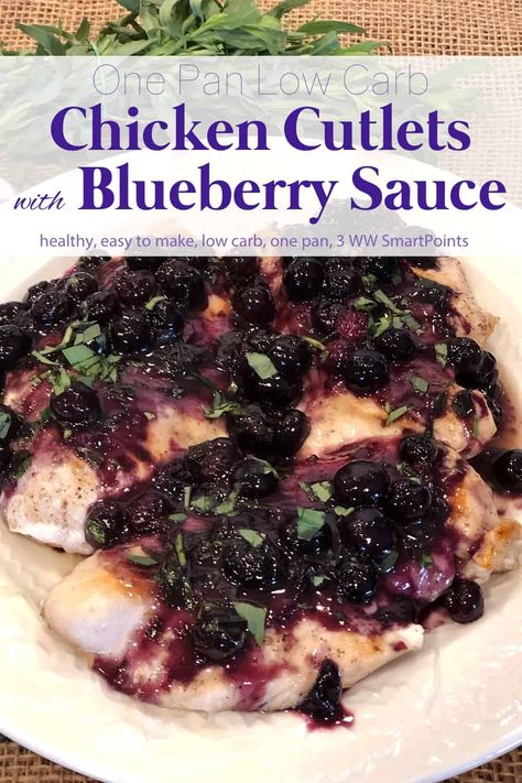 This Low Carb Chicken Cutlets with Fontina and Fresh Blueberry Sauce recipe takes plain chicken to new heights with a simple blueberry pan sauce that comes together in minutes! #lowcarbchickenblueberrysauce #lowcarbchicken #chickencutletsblueberrysauce #chickencutlets #chicken #lowcarb Blueberry Sauce Recipe, Blueberry Chicken, Chicken Breast Cutlet, Pan Sauce, Plain Chicken, Blueberry Sauce, Chicken Cutlets, Low Carb Chicken, Chicken Flavors