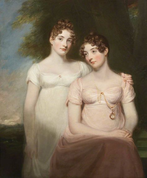 The Ainslie Sisters (Agnes and Margaret) Thomas Stewardson (1781–1859) Abbot Hall Art Gallery Regency Era Fashion, 1800s Fashion, Regency Dress, Regency Fashion, Regency Era, Art Uk, Old Paintings, Empire Style, Fashion Portrait