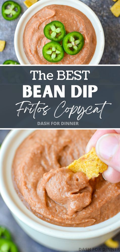 Copycat Fritos Bean Dip is a super easy dip recipe that's the ultimate Super Bowl party food, and great for a Summer BBQ too! Made with just a few simple ingredients, this bean dip recipe is perfect when served with crunchy corn chips, tortilla chips, or crisp veggies. Frito Lay Bean Dip Recipe, Frito Lay Bean Dip, Best Bean Dip, Fritos Bean Dip, Hot Bean Dip, Easy Bean Dip, Super Bowl Party Food, Bean Dip Recipe, Crunchy Corn