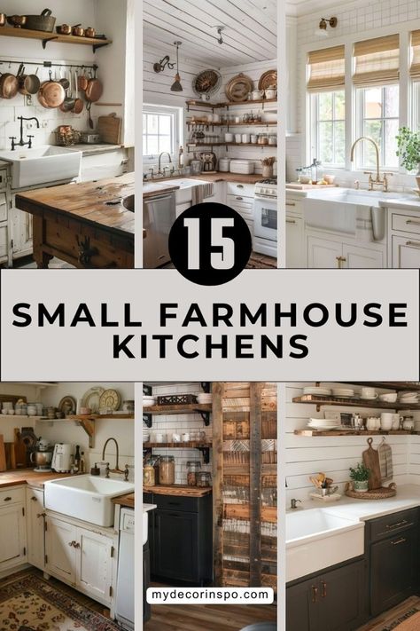 Looking to revamp your kitchen? Check out these 15 stunning small farmhouse kitchen ideas that combine rustic charm with practical solutions. Perfect for cozy homes! Small House Inspiration Interior, Small Farmhouse Kitchen Remodel, Small Lake Cabin Interiors, Farmhouse Small Kitchen Ideas, Small Country Kitchen, Country Kitchen Ideas Farmhouse Style, Small Farmhouse Kitchen Ideas, Farmstead Kitchen, Small Cottage Kitchens