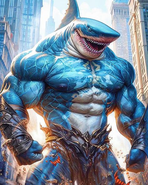 Man Beast, Pitbull Art, Shark Man, Scary Tattoos, Fantasy Heroes, Shark Art, Lion Painting, Animal Portraits Art, Cute Shark