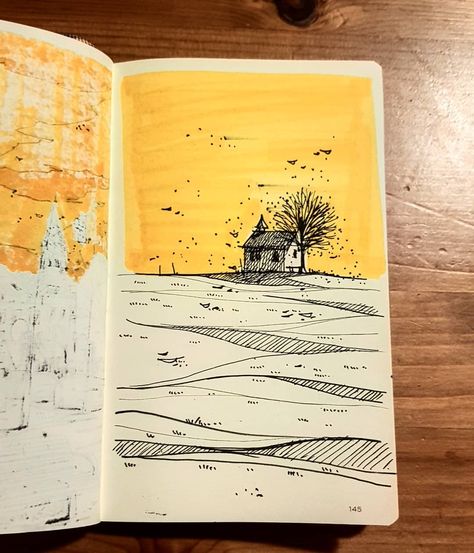 Kiyeon Kim on Instagram: “Good night! 🌠🌗…” Cool Art To Draw, Travel Sketches Simple, Ink Sketching, Art Journal Ideas, Colored Drawings, Pen And Ink Art, Sketchbook Design, Yellow Artwork, Kunstjournal Inspiration