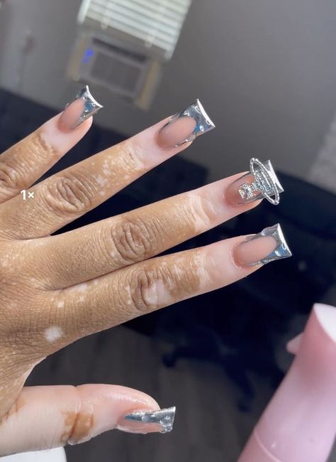 Chrome Duck Nails, Short Set Acrylic Nails, Duck Nails Pink, Duck Nails Acrylic, Nails Pink Acrylic, Nails Duck, Duck Nails, Hard Nails, Silver Nail