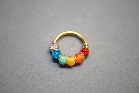 Gold Rainbow Clicker 1.2mm (16ga) suitable for septum, daith, rook, conch, helix, cartilage 16g 18g 20g Septum Jewelry In Nostril, Rainbow Septum, Nose Rings Studs, Gold Bar Earrings, Conch Earring, Rainbow Opal, Cartilage Earrings Hoop, Septum Jewelry, Bar Studs