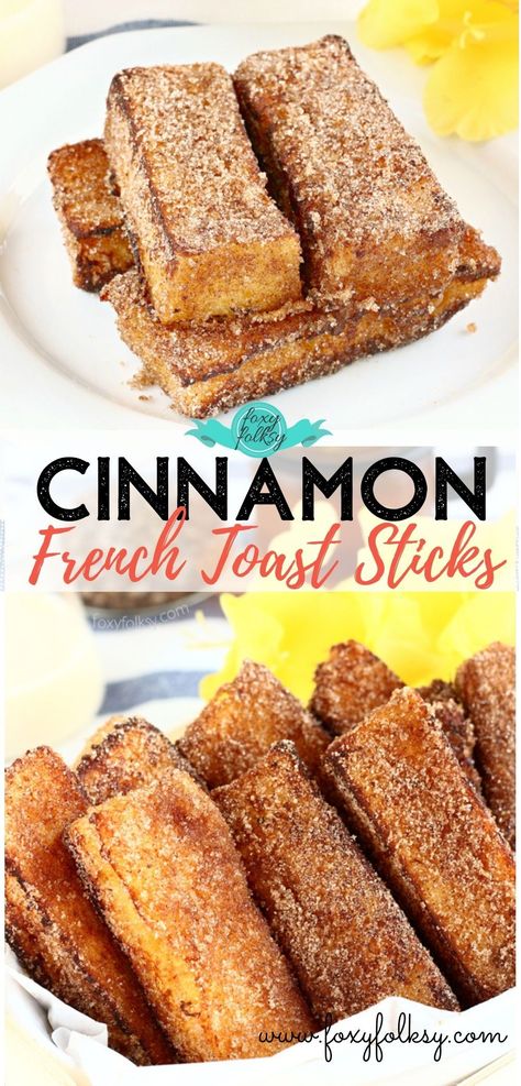 These crunchy and yummy cinnamon French toast sticks is the perfect breakfast treat that is so quick and easy to make! | www.foxyfolksy.com #FoxyFolksyRecipes #frenchtoast #toaststick #breakfast French Toast Bites Recipe, Cinnamon French Toast Sticks, French Toast Recipe Cinnamon, French Toast Bites, French Toast Sticks, French Toast Breakfast, Cinnamon French Toast, French Toast Easy, Homemade Breakfast