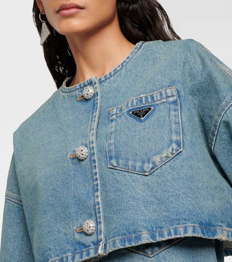 Cropped denim jacket in blue - Prada | Mytheresa Austria Clothing, Blue Prada, Denim Playsuit, Prada Re Edition, Denim Jacket Fashion, Street Style Parisian, Spring Knits, Spring Bags, Cropped Denim Jacket