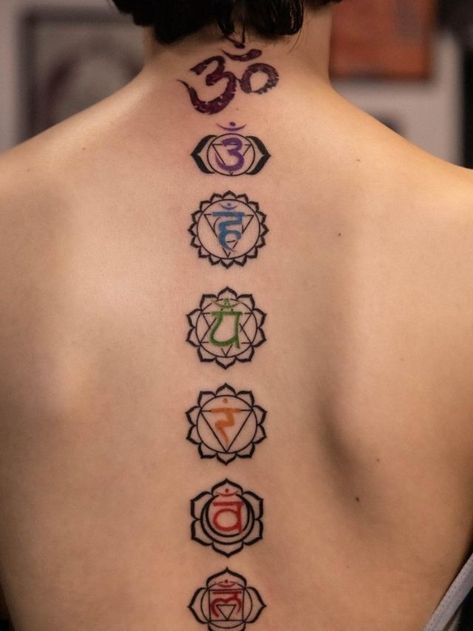 Seven Chakra Tattoo Design, Tantra Tattoo Symbols, Back Tattoo Chakra, Nek Tattoo Design, Seven Chakras Tattoo Design, Seven Chakras Tattoo, Om Chakra Tattoo, Spiritual Awakening Tattoo, Chest Piece Tattoos For Women