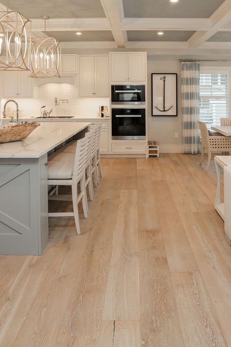 New England White Kitchen, Natural Wood Floor Kitchen, Kitchen Inspo Light Floors, Lighter Flooring Ideas, Modern Coastal Farmhouse Flooring, Light Oak Floors Kitchen White Cabinets, Kitchen With Wood Flooring, Flooring In A White Kitchen, Light Color Hardwood Floors Living Rooms