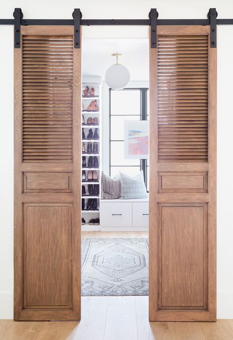 Walkin Closet Door Ideas, Barn Closet Doors Bedrooms, Walk In Closet Door Ideas, Walk In Closet Door, Manhattan Beach Homes, Transitional Closet, Diy Walk In Closet, Spanish Bathroom, Window Seat Storage