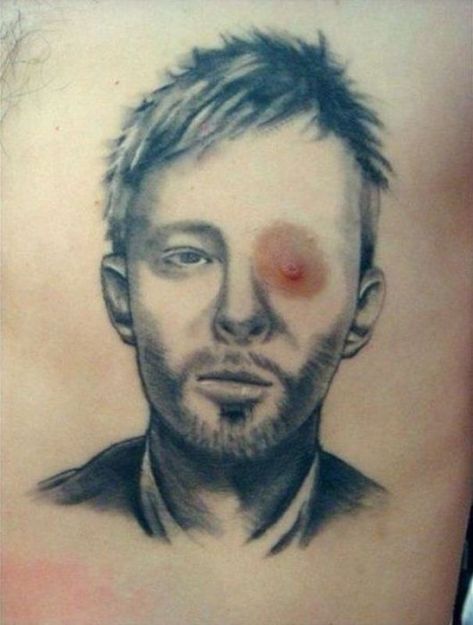 Radiohead Tattoo, Tattoos Gone Wrong, Kylie Jenner Piercings, British Tattoo, Horrible Tattoos, Terrible Tattoos, Fan Tattoo, Tattoo Fails, Thom Yorke