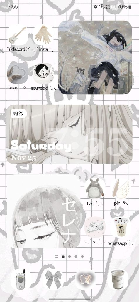 samsung aesthetic phone layout anime soft white cute ios 16 White Layout Aesthetic, Samsung Phone Layout Ideas, Anime Ios Layout, Anime Phone Layout, Cute Ios 16, Anime Themed Phone, Samsung Aesthetic Phone, Samsung Setup, Anime Homescreen Layout