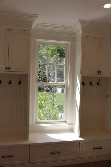 Mudroom Wall With Window, Mudroom Bench Under Window, Entryway Seating And Storage, Mudroom Built Ins Around Window, Mudroom Window Bench, Mudroom Bench With Window, Mudroom Ideas With Window, Mudroom With A Window, Mudroom Ideas Entryway With Windows