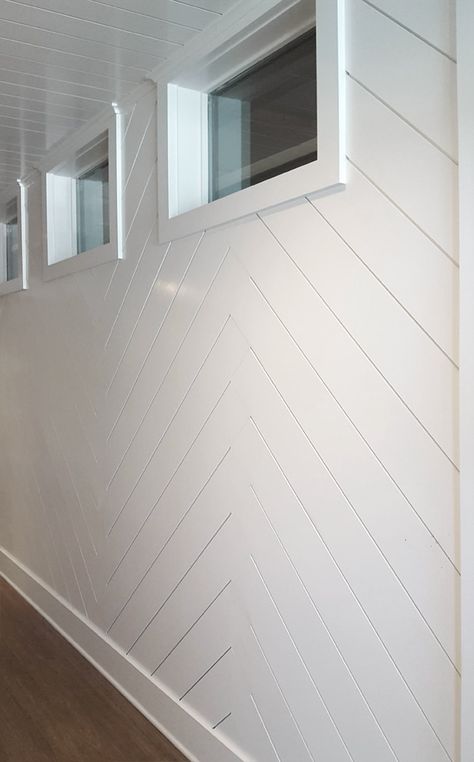 Herringbone Shiplap in the Showroom - WindsorONE Shiplap Herringbone Wall, Angled Shiplap Wall, Chevron Shiplap Wall, Herringbone Shiplap Wall, Shiplap Stairwell, Herringbone Wood Wall, Herringbone Shiplap, Shiplap Designs, Herringbone Accent Wall