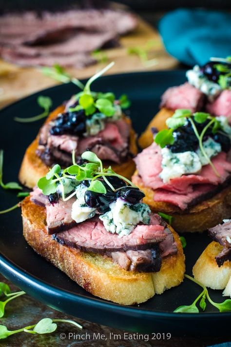 Steak And Blue Cheese, Steak Crostini, Caramelized Onion Jam, Onion Steak, Blueberry Balsamic, Steak With Blue Cheese, Nadia Lim, Cheese Crostini, Crostini Appetizers