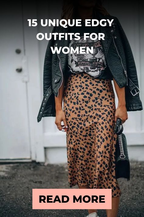 Woman wearing an edgy outfit with a graphic tee, leopard print skirt, black leather jacket, and clutch. Over 40 Alternative Fashion, Trendy Rocker Outfits, Alternative Mom Aesthetic, Grunge Outfits Over 50, Thanksgiving Outfit Edgy, Women’s Alternative Fashion, Edgy Over 40 Fashion, Going Out Outfits Night In Your 40s, Going Out In Your 30s Outfits