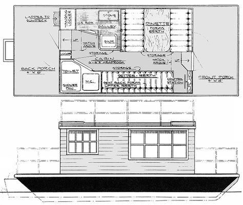 20' & 24' houseboats The perfect retreat for anchoring a spell in your favorite backwater cove, or for moseying along protected waters in search of game, fish, sights, or solitude. Shantyboat living might be your best life.  See more on the lifestyle here: https://smallcraftadvisor.substack.com/p/floating-homesteads?utm_source=publication-search No special skills are required to build. Anyone who can drill a hole, drive a screw, and saw a board can do the job. In fact, if you can't build this bo Houseboat Plans, Trailerable Houseboats, Pontoon Houseboat, Shanty Boat, Radial Arm Saw, Back Porches, Flatbed Trailer, Boat Trailer, Expensive Houses