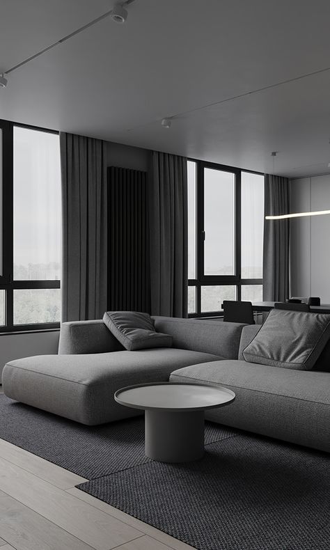 Grey Interior Aesthetic, Gray Living Room Aesthetic, Quiet Luxury Home Decor, Grey Minimalist Living Room, Gray Room Aesthetic, Home Aesthetic Modern, Minimal Curtains, Gray Interior Design, Modern Home Aesthetic