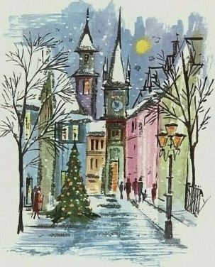 Painted Christmas Cards, Greeting Card Art, Vintage Christmas Card, Vintage Christmas Images, Village Scene, Christmas Card Art, Watercolor Christmas Cards, Blue Tree, Christmas Card Design