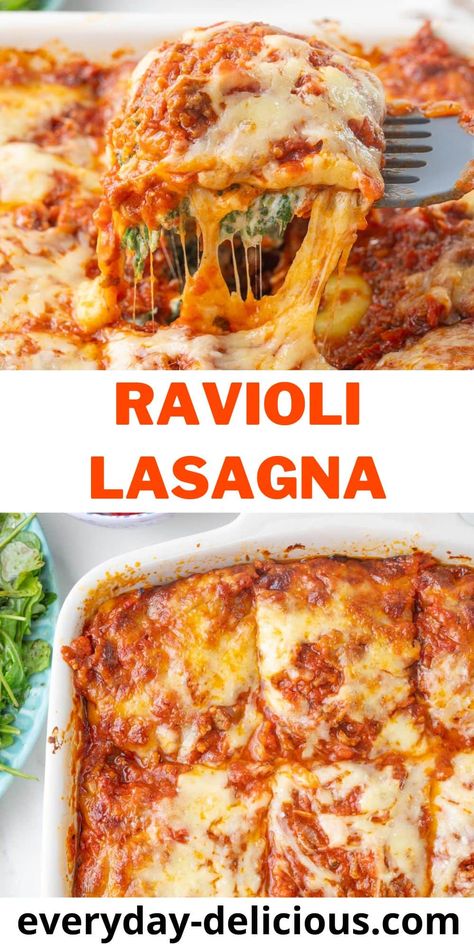 Ravioli lasagna in a delicious ravioli casserole that is crowd-pleasing and easy to make. You just need to layer store-bought ravioli with meat tomato sauce, spinach ricotta layer, and cheese and you'll have a delicious dinner for a couple of days! Meat Tomato Sauce, Lasagna Bites, Dinner Soup Recipes, Ravioli Casserole, Spinach Ravioli, Ravioli Lasagna, Marinara Sauce Recipe, Ravioli Recipe, Spinach Ricotta