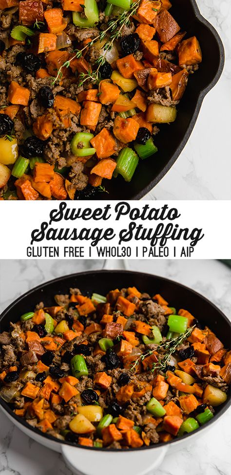 Grain Free Stuffing, Aip Salads, Sweet Potato Sausage, Paleo Holiday Recipes, Paleo Thanksgiving Recipes, Sausage Stuffing Recipe, Potato Sausage, Unbound Wellness, Paleo Thanksgiving