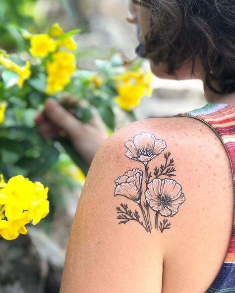 TEMPORARY TATTOOS (@naturetats) • Instagram photos and videos Nature, California Poppy Tattoo, Black Ink Tattoo, White Flower Tattoos, Poppy Flower Tattoo, Tattoo Over Scar, Black Line Tattoo, Bumble Bee Tattoo, Golden Poppy