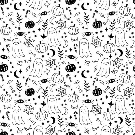 Vector black and white halloween seamles... | Premium Vector #Freepik #vector #pumpkin-pattern #seamless #monster-background #cute-pattern Black And White Doodle Pattern, Seamless Halloween Pattern, Halloween Pattern Background, Black Pattern Background, Doodle Ghost, Monster Background, Spooky Pattern, Patterns Halloween, Pattern Doodle