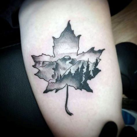 Canadian Inspired Tattoos, Canadian Tattoo Ideas For Men, Canada Tattoo Ideas Simple, Canada Tattoo Ideas, Maple Leaf Tattoos, Moutain Tattoos, Maple Tree Tattoos, Blatt Tattoos, Mountain Tattoos