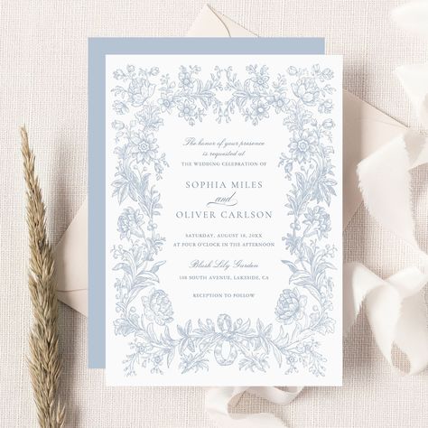 Floral Elegant Vintage Frame Wedding Invitation | Zazzle Blue Wedding Invitation Template, Dusty Blue Wedding Invitation, French Blue Wedding, Frame Wedding Invitation, Wedding Graphics, Script Wedding Invitations, Indian Wedding Invitation Cards, Garden Reception, Wedding Anniversary Invitations