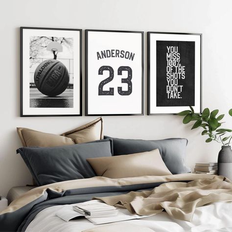 Decorate with a personalized name sign basketball wall art set of 3 prints, featuring custom name basketball poster print art in a striking black and white theme. This sporty teen boy gift is perfect for young sports enthusiasts, adding a personalized touch to their space. DETAILS: 🏀 Poster printed on 175gsm matte paper. Comes rolled. 🏀 Framed matte black wooden poster that's ready to hang. 🏀 Printed + framed sizes: 8" x 10", 11" x 14", 12" x 18", 16" x 20", 18" x 24" and 20" x 30" 🏀 See ima Study Room Wall Art, Bedroom For 7 Year Boy, Basketball Man Cave Ideas, Sports Wall Decor Ideas, Teenage Sports Bedroom, Boys Room Decor Teenage, Sports Decoration Ideas, Boys Sports Themed Bedroom, Boy Teen Room Ideas