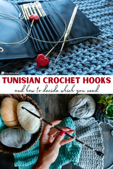 Ready to try your hand at Tunisian crochet? Learn the different types of Tunisian hooks: cabled, stick, and double ended, and how to choose. Long Crochet Needle, Tunisian Crochet Double Ended Hook, Tunisian Cable Crochet, Tunisian Crochet Cables, Double Ended Crochet Hooks, Tunisian Knitting, Embroidery Types, Tunisian Stitches, Cotton Crochet Patterns