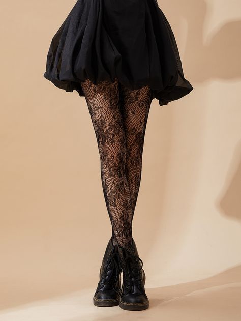 Flower Pattern Fishnet Black TightsI discovered amazing products on SHEIN.com, come check them out! Fish Net Tights, Vestiti Edgy, Cute Tights, Lace Tights, Black Fishnets, Patterned Tights, Fishnet Tights, Fashion Tights, Women Socks