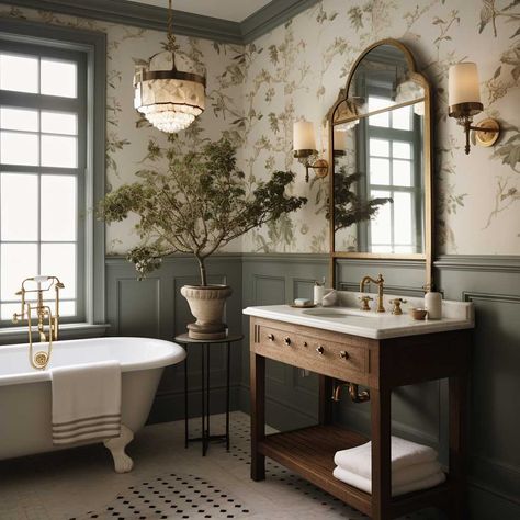 Traditional Bathroom Design Blending Old and New • 333+ Art Images Traditional Bath With Shower Over, Vintage Styled Bathroom, Bathroom With Dark Trim, Traditional English Bathroom, Small Statement Bathroom, Old World Interior Design Modern, Earth Tone Master Bath, Old English Bathroom, Artistic Bathroom Ideas