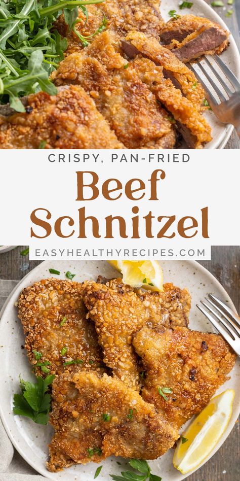 Schnitzel Recipe Beef, Beef Schnitzel Recipes Dinners, Easy Schnitzel Recipe, Crumbed Beef Schnitzel, Beef Snitzel Dinner, German Meat Recipes, Shnitzle Recipe Beef, Thinly Sliced Beef Loin Recipes, Beef Schnitzel Recipes