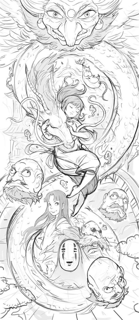 Ghibli Coloring Pages, Studio Ghibli Coloring Pages, Ghibli Coloring, Tatuaje Studio Ghibli, Studio Ghibli Tattoo, Ghibli Tattoo, Chihiro Y Haku, الفن الرقمي, Ghibli Artwork