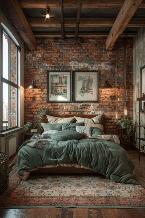 29 Green and Terracotta Bedroom Ideas for a Warm and Earthy Retreat 14 Rustic Bedroom Wall Art, Exposed Brick Loft Bedroom, Rustic Industrial Apartment, Industrial Layout Design, Bedroom Ideas With Brick Wall, Brick Wall Accent Bedroom, Rustic Bedroom Ideas Colors, Rustic Brick Bedroom, Brick Wall Room Decor