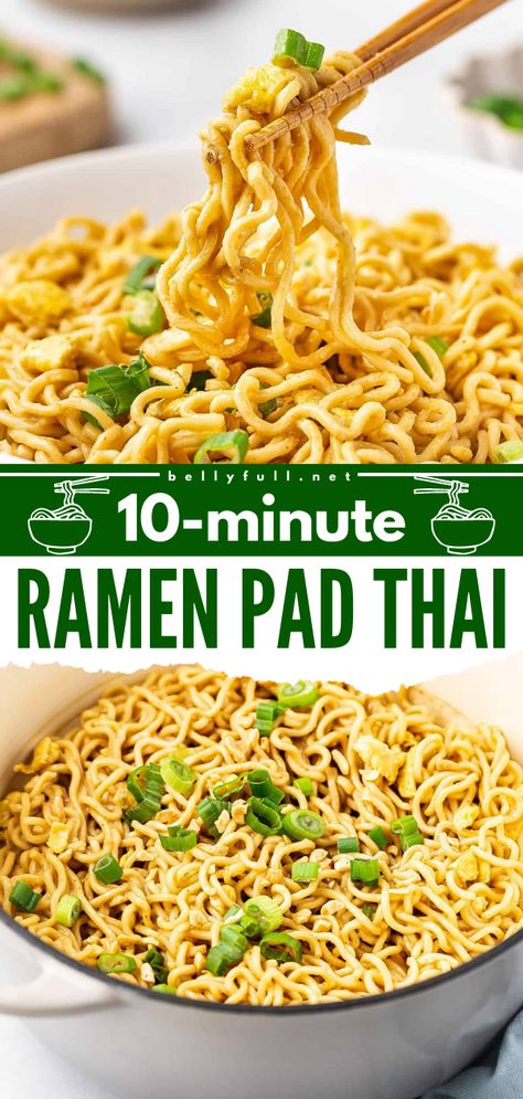 Ramen Pad Thai features inexpensive ramen noodles coated in a simple but flavor-packed creamy peanut sauce that’s a little sweet and salty, with a bit of heat. This super easy cheater Pad Thai recipe is a weeknight dinner lifesaver – ready in just 10 minutes! Pad Thai With Ramen Noodles, Essen, Easy Ramen Dishes, Easy Ramen Dinner Recipes, Recipes With Thai Noodles, Pampered Chef Pad Thai Recipe, Ramen Noodle Sauces, Ramen Recipes Crockpot, Thai Noodle Recipes Easy