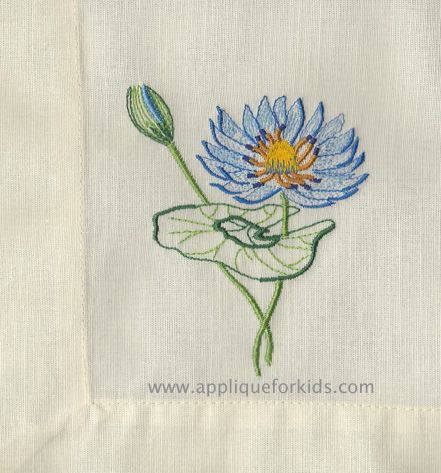 Very pretty water lily - make it your favorite color! Waterlily Embroidery, Water Lily Embroidery, Lily Embroidery, Pretty Water, Water Coloring, Kantha Embroidery, Simple Embroidery Designs, Small Stuff, Hand Embroidery Flowers