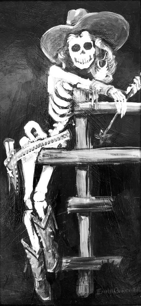 Sassy Cowgirl! this painting looks really cool in black and white it is actually in color in real life. #hotstuff Western Artwork, Day Of The Dead Art, Flagstaff Az, Western Paintings, Cowgirl Art, Cowgirl Aesthetic, Southern Gothic, Cowboy Art, Pin Ups