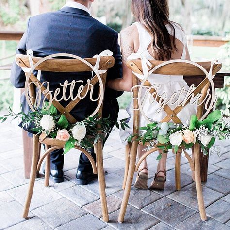 Round wooden Better Together wedding chair signs hung by white ribbon #etsy #chairsign #wedding #weddingideas #chairsigns #weddingreception #weddingdecor #weddingsign #signage Outdoor Wedding Chairs, Wooden Wedding Decorations, Bride Groom Chairs, Wedding Reception Chairs, Wedding Chair Signs, Wedding Chair Decorations, Wooden Wedding Signs, Wedding Photo Props, Engagement Decorations