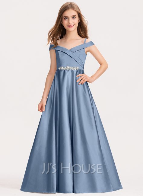 Ball-Gown/Princess Off-the-Shoulder Floor-Length Satin Junior Bridesmaid Dress (009191740) - JJ's House Teenage Bridesmaid Dresses, Long Satin Dress, Pink Flower Girl Dresses, Gown Princess, Ball Gowns Princess, Junior Bridesmaid Dress, Dresses Ball Gown, Satin Dress Long, Bridesmaids Dress