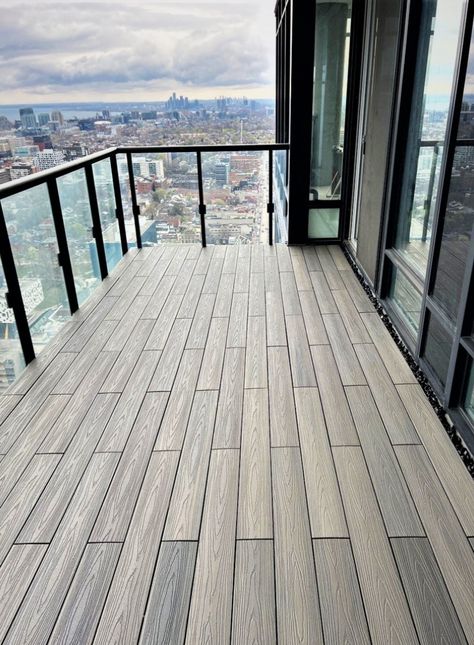 Amazing balcony transformation using our Platinum series planks in Mountain Mist color. Contact us today for a free consultation to get started on upgrading your balcony flooring. https://zurl.co/g759 #BalconyFlooring #FlooringInstallation #BalconyMakeover #GTALiving Balcony Flooring Ideas Apartment, Outdoor Balcony Flooring Ideas, Balcony Wooden Flooring, Tiles For Balcony Floor, Balcony Tiles Ideas, Terrace Flooring Ideas, Balcony Flooring Ideas, Balcony Tiles Floors, Tile Balcony