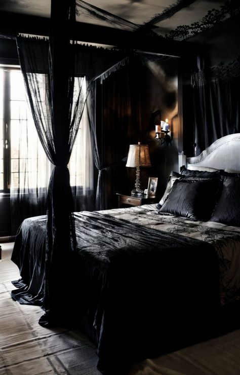 Create a spooky and stylish bedroom decor for Halloween by using a black canopy bed draped with cobwebs and adding spiderweb patterned throw pillows. Complete the eerie ambiance with flickering candles and a skeleton wall art. Spooky Bedroom, Canopy Bed Drapes, Black Canopy Bed, Skeleton Wall Art, Bed Drapes, Stylish Bedroom Decor, Halloween Bedroom Decor, Gothic Interior, Colorful Room Decor