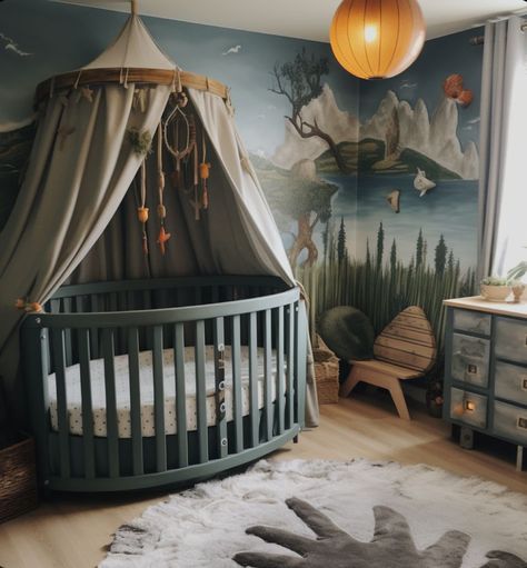 Outer Space Nursery Decor, Cryptid Themed Nursery, Nursery Fantasy Theme, Fantasy Forest Nursery, Forest Baby Boy Nursery, Forest Themed Baby Room, Unique Baby Nursery Themes, Baby Nursery Forest Theme, D&d Nursery