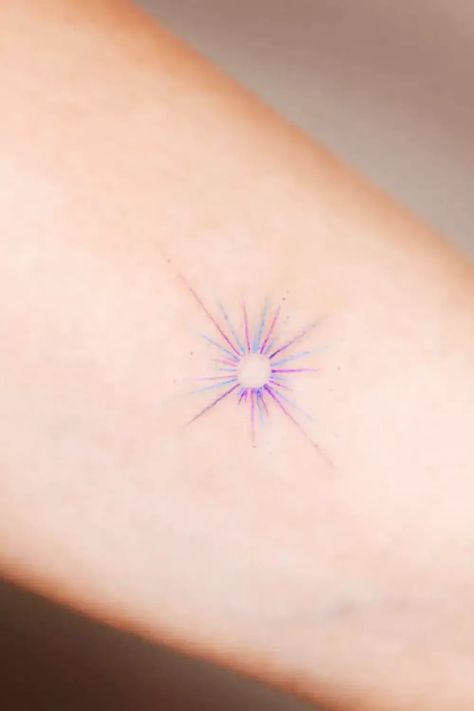 Fire Star Tattoo, Back Color Tattoo Women, Gradient Star Tattoo, Rainbow Prism Tattoo, Bright Star Tattoo, Blue Light Tattoo, Radiance Tattoo, Guiding Light Tattoo, Light Color Tattoo